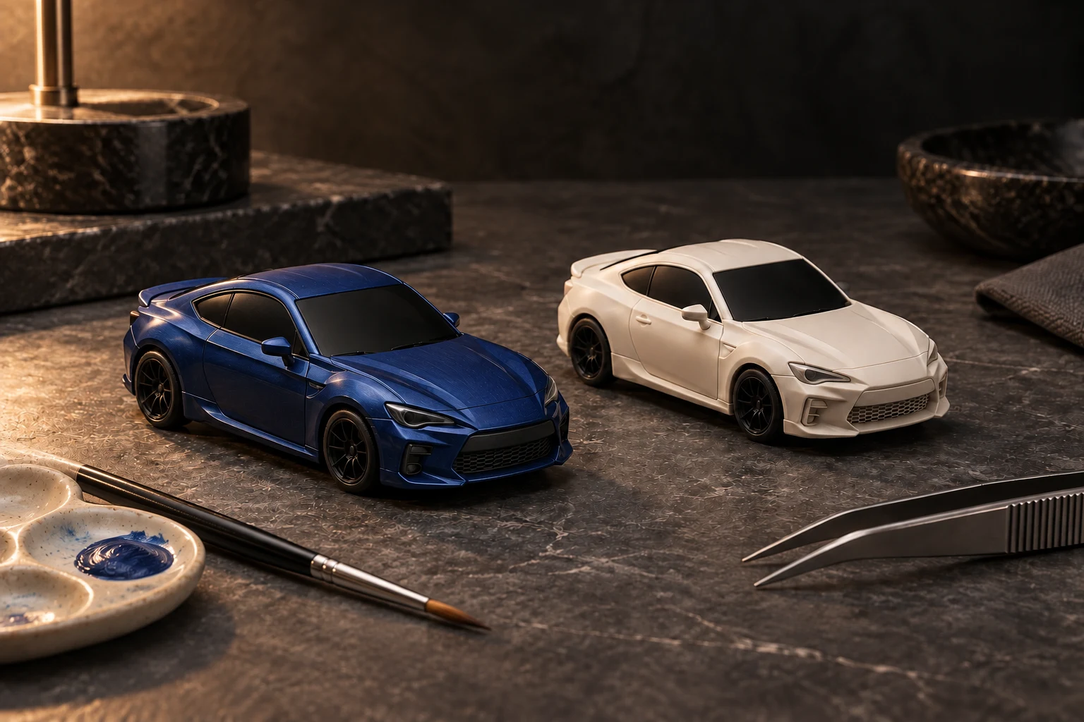 Concept rendering of a blue hand-painted car model, an unpainted model and painting supplies