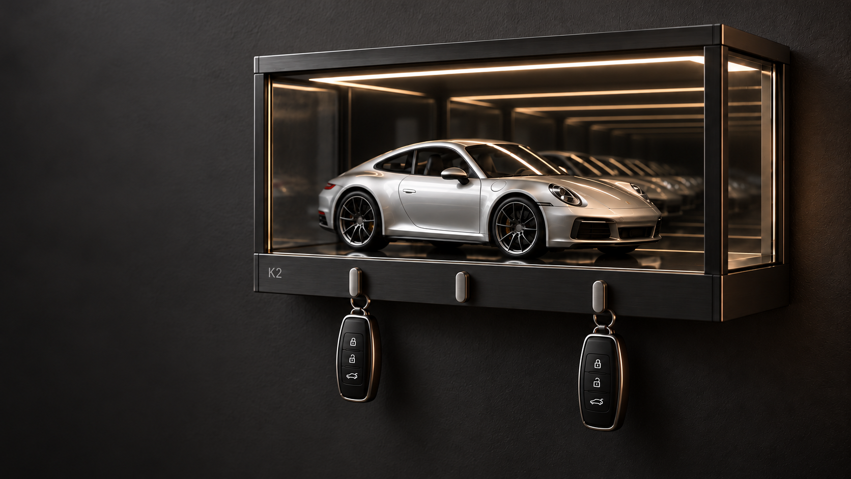 Concept rendering of a car model in a lit mirror display case with integrated key hooks